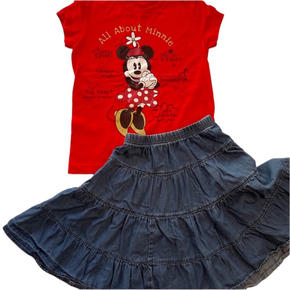 Mini Mouse Red T-Shirt & Hanna Andersson Denim Skirt Bundle Girls Size M
